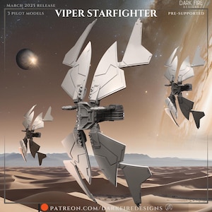 May include: A 3D printed model of a spaceship with a gray color scheme. The spaceship has a large wingspan and a central body with a cockpit. The model is pre-supported and is part of a March 2025 release.