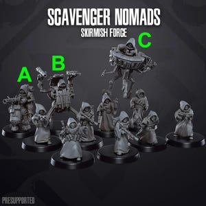 May include: A set of 10 grey plastic miniature figures of hooded figures, some holding weapons, and a grey plastic miniature of a flying vehicle with the text "SCAVENGER NOMADS SKIRMISH FORCE" above it.