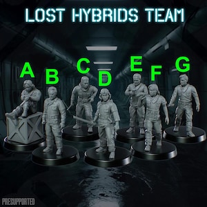 Może przedstawiać: Kolekcja siedmiu szarych figurek, każda na czarnej podstawie, reprezentujących "Lost Hybrids Team". Figurki, oznaczone literami od A do G, są w różnych pozach, niektóre z bronią. Tekst "LOST HYBRIDS TEAM" znajduje się na górze.