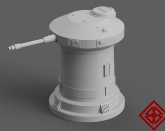 May include: A white, detailed, 3D printed model of a turret with a rotating cannon. The turret has a cylindrical base and a round top with a hatch. The cannon is pointed to the left.