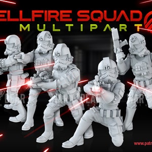 May include: Five white plastic miniature figures of soldiers in a firing stance. The figures are part of a multi-part set called "Hellfire Squad".