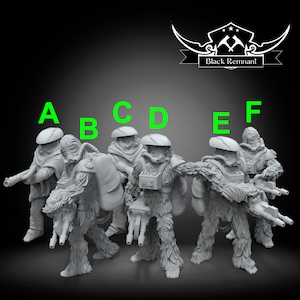 May include: Six grey plastic miniatures of Wookiee warriors, each with a different pose and weapon. The miniatures are labelled A through F.