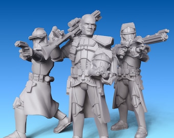 May include: Three gray plastic Star Wars action figures, two are clone troopers with blasters, one is a clone commander with a rifle.