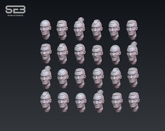 May include: A set of 18 3D printed human heads with different hairstyles and facial expressions. The heads are all in a neutral color and are arranged in a grid pattern.