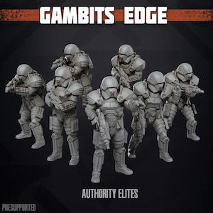 Puede incluir: Un conjunto de siete figuras de soldados grises en armadura táctica, cada uno sosteniendo un rifle. El texto GAMBITS EDGE aparece en la parte superior, AUTHORITY ELITES en la inferior y PRESUPPORTED en la esquina. Las figuras están en grupo.