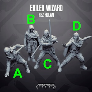 Peut inclure: Quatre figurines miniatures grises imprimées en 3D d'un sorcier, chacune dans une pose différente. Les figurines sont étiquetées A, B, C et D. Le texte "Exiled Wizard Rez Holan" est en haut de l'image.