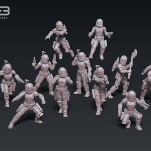 Peut inclure: Un ensemble de 10 figurines miniatures en plastique gris de guerriers Mandaloriens. Les figurines sont posées dans différentes positions d'action, tenant des armes telles que des blasters et une pelle.