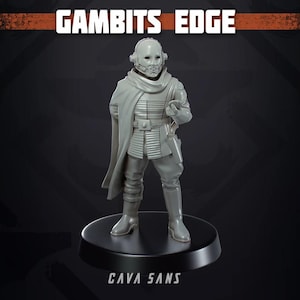 May include: A grey figurine of a character from Gambits Edge, standing on a black base. The figure wears a helmet, scarf, and long coat. The text "GAMBITS EDGE" is at the top, and "CAVA SANS" is at the bottom.