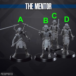 Puede incluir: Cuatro figuras de plástico gris de personajes de Star Wars, etiquetadas A, B, C y D, con el texto "THE MENTOR" encima.