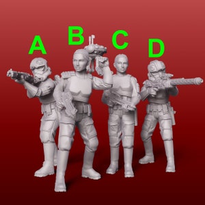 May include: Four grey plastic action figures, two female and two male, standing on a red background. The figures are holding weapons and one is holding a small droid. The figures are labelled A, B, C, and D.
