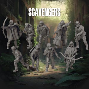 Può includere: Un set di nove miniature in plastica grigia di persone vestite con abiti post-apocalittici. Le figure tengono armi e sono in pose d'azione diverse. Le figure sono in piedi su uno sfondo verde e marrone. Il testo "SCAVENGERS" è visualizzato nella parte superiore dell'immagine.