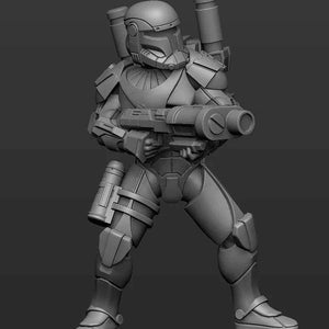 May include: A grey, detailed, 3D printed model of a futuristic soldier wearing a helmet and holding a weapon. The soldier is standing with one leg forward and is wearing a backpack with multiple tubes.