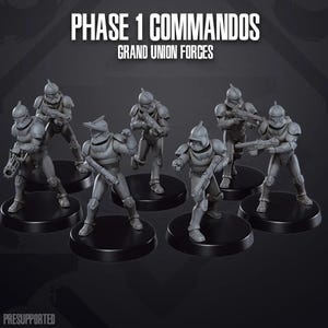 May include: A set of six grey plastic miniatures of Phase 1 Clone Commandos from the Star Wars universe. The miniatures are posed in various action stances and are ready to be painted. The miniatures are part of the Grand Union Forces.