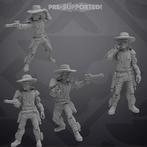 Può includere: Quattro figurine di plastica grigia di un cowboy futuristico con cappello, pistola e cintura. Il testo "PRE-SUPPORTED!" è sullo sfondo.