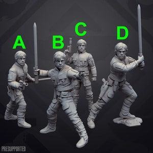 May include: Four grey plastic figurines of Luke Skywalker from Star Wars. Each figurine is posed differently and holding a different weapon. The figurines are labelled A, B, C, and D.