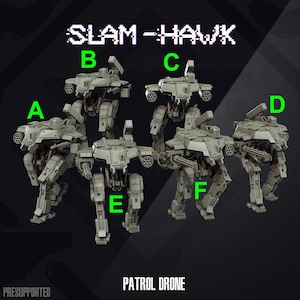 May include: A collection of six light grey miniature bipedal robot figures labelled A through F, titled SLAM-HAWK PATROL DRONE. Each mechanical unit features a central chassis, two legs, and various mounted weapon systems including cannons and barrels.