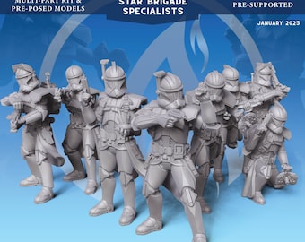May include: A set of seven gray plastic Star Wars clone trooper miniatures. The miniatures are pre-supported and pre-posed. The miniatures are part of a multi-part kit. The miniatures are from the Star Brigade Specialists collection. The text "JANUARY 2025" is in the upper right corner of the image. The text "PATREON.COM/DARKFIREDESIGNS" is at the bottom of the image.