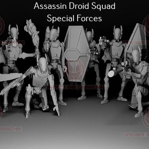 Peut inclure: Un groupe de figurines d'action en plastique gris et détaillées de droïdes assassins de l'univers Star Wars. Les figurines sont posées dans différentes positions, tenant des armes et un bouclier. Le texte "Assassin Droid Squad Special Forces" est affiché en haut de l'image.