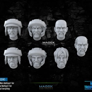Könnte beinhalten: Sieben 3D-gedruckte Männerköpfe, einige mit Helmen, zur Verwendung in Miniatur-Kriegsspielen. Die Köpfe sind unbemalt und haben verschiedene Gesichtsausdrücke.