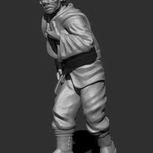 Puede incluir: Una figura impresa en 3D de color gris, detallada, de un hombre que lleva una túnica larga y botas. El hombre tiene una expresión seria en su rostro y levanta la mano en un gesto de defensa.