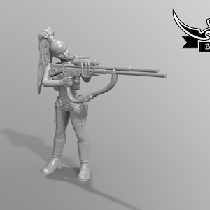 Peut inclure: Figurine grise d'un personnage féminin tenant un grand fusil avec une lunette. Le personnage porte une tenue futuriste. Le logo Black Remnant est dans le coin supérieur droit.