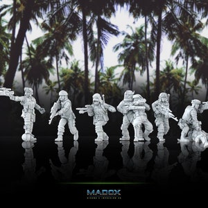 May include: A group of white miniature figurines of soldiers in combat poses, holding rifles and other weapons. The background features a blurred image of palm trees. The word "MADOX" is at the bottom.
