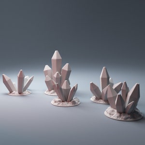 May include: Five white crystal clusters on small round bases. The crystals are various sizes and shapes, with some appearing to be pointed and others more rounded.