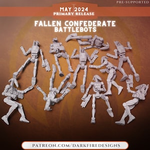 May include: A set of 10 grey plastic miniature robots in various poses. The robots are all in a fallen position, with some lying on their backs and others on their sides. The robots are all made of a smooth, grey plastic and have a simple, futuristic design. The robots are all about 5 cm tall.