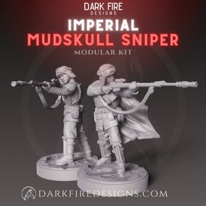 Peut inclure: Deux figurines en plastique gris de tireurs d'élite Mudskull impériaux de l'univers Star Wars. Les figurines tiennent des fusils et sont en position de tir. Les figurines font partie d'un kit modulaire.