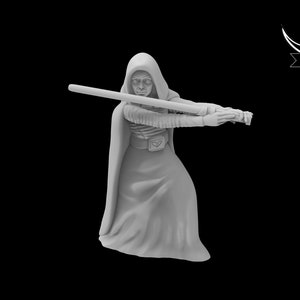 May include: A white plastic miniature figurine of a person wearing a hooded robe and holding a lightsaber in a fighting pose.