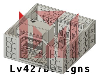Può includere: Un modello 3D stampato di un interno di una stanza con una scrivania, mensole e armadietti. La stanza è progettata per un gioco in miniatura o un diorama.