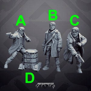 Può includere: Tre figure grigie stampate in 3D di uomini con cappotti e un robot grigio stampato in 3D. Le figure sono etichettate con A, B e C. Il robot è etichettato con D. Il testo "PRESUPPORTED" è stampato sotto le figure.