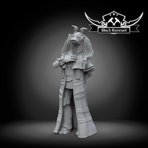 Könnte beinhalten: Eine graue 3D-gedruckte Figur eines fiktiven Charakters, der eine lange Robe trägt und seine Hände vor seiner Brust zusammenhält. Der Charakter hat eine lange Schnauze und große Ohren. Die Figur steht auf einer grauen Oberfläche. Der Text "Black Remnant" ist im Hintergrund sichtbar.