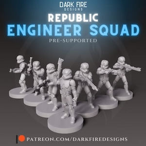 Può includere: Un set di sei miniature in plastica grigia del Republic Engineer Squad, pre-supportate, di Dark Fire Designs. Le miniature sono in varie pose d'azione, tenendo armi. Le miniature sono su basi circolari.