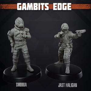 May include: Two grey miniature figurines from "Gambits Edge." One figure is a humanoid with a fish-like face, the other is a person wearing goggles and holding a gun. The figures stand on black bases, with the names "Smokka" and "Jast Haligan" below.