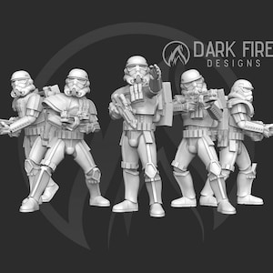 May include: Five grey plastic action figures of stormtroopers with blasters. The figures are posed in a variety of action poses. The figures are standing on a black background. DARK FIRE DESIGNS is printed in white on the background.