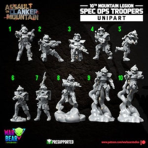 May include: Ten 3D printed plastic miniatures of Star Wars clone troopers in various poses. The miniatures are unpainted and are part of a set called "Assault on Clank Mountain" and "Spec Ops Troopers Unipart".