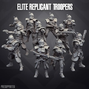 Peut inclure: Un ensemble de dix figurines en plastique gris représentant des soldats clones d'élite. Les figurines sont posées dans différentes positions d'action, tenant des armes telles que des blasters et des fusils. Les figurines sont pré-supportées et prêtes à être peintes.