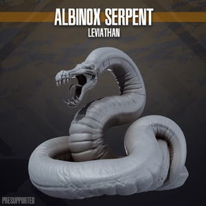 Puede incluir: Una figura de serpiente gris enroscada con un cuerpo texturizado y segmentado, con la boca abierta mostrando dientes afilados. El texto ALBINOX SERPENT LEVIATHAN aparece sobre la criatura y la palabra PRESUPPORTED es visible abajo a la izquierda.