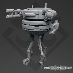 May include: A gray, pre-supported 3D printed model of a futuristic, tripod walker with a rotating turret and multiple cannons. The walker has a detailed design with various panels and hatches.