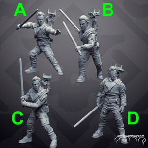 May include: Four gray 3D printed figurines of a character holding a lightsaber. Each figurine has a different pose and is labeled with a letter A, B, C, and D.