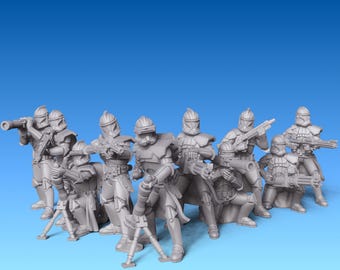 May include: A group of gray, detailed miniature figurines of soldiers in armor, some kneeling and others standing, holding various weapons. The figures are set against a gradient blue background.