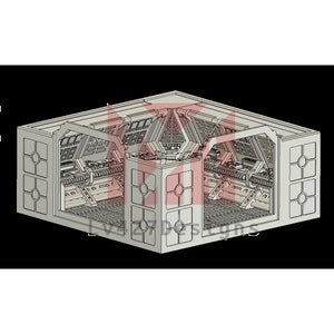 Puede incluir: Un modelo impreso en 3D detallado del interior de una nave espacial, con una sala de control que incluye varios paneles, consolas y una estación de mando central. El modelo está diseñado para juegos de mesa o para exhibir.