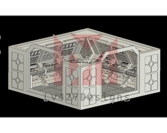 May include: A detailed 3D printed model of a spaceship interior, featuring a control room with multiple panels, consoles, and a central command station. The model is designed for tabletop gaming or display.