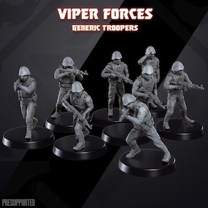Może przedstawiać: Grupa szarych miniaturowych figurek Viper Forces Generic Troopers, każda pozująca z bronią na czarnej podstawie. Figurki noszą hełmy i sprzęt taktyczny. Tekst "VIPER FORCES" i "GENERIC TROOPERS" jest wyświetlany na czerwono.