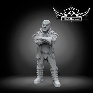 May include: A grey figurine of a warrior with crossed arms. The figure is clad in armour with spiked details on the shoulders and boots. The figure has a stern expression. The text "Black Remnant" is above the figure.