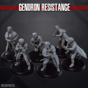 May include: Six gray miniature figurines of soldiers in various action poses, each holding a rifle. The figurines are on black circular bases. The text "GENDRON RESISTANCE" is at the top of the image.
