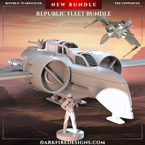 May include: A digitally rendered image of a Republic Fleet Bundle, featuring a starfighter and a pilot figurine. The starfighter is light grey with detailed engine components and wings. The pilot is standing on a circular base. The text "Republic Fleet Bundle" is visible.