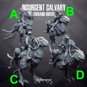May include: Four gray 3D printed miniatures of riders on bird-like creatures. The riders are wearing futuristic clothing and holding weapons. The title "Insurgent Calvary Turkano Riders" is displayed at the top of the image.