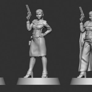 May include: Four grey 3D printed figurines of women in different poses. One woman is holding a sword, another is holding a gun, and the other two are standing with their hands on their hips.